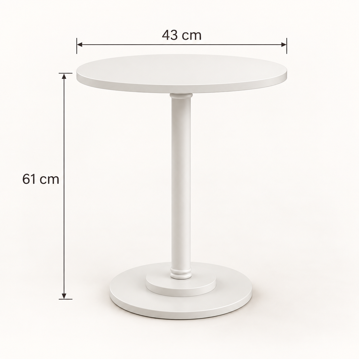 Dimensions de la table d'appoint blanche : 43 cm de diamètre et 61 cm de hauteur
