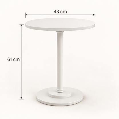 Dimensions de la table d'appoint blanche : 43 cm de diamètre et 61 cm de hauteur