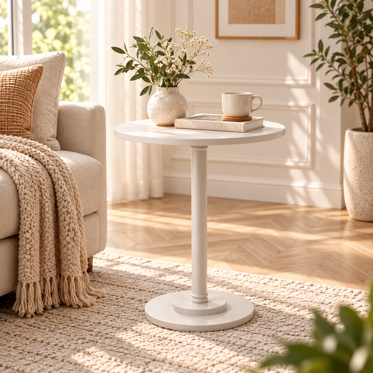 Table d'appoint ronde blanche dans un salon moderne et lumineux