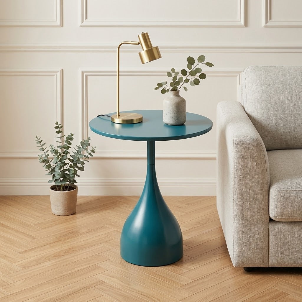Une photo de style magazine de décoration d'une table d'appoint tulip-base bleu pétrole brillant dans un salon moderne et chaleureux. Elle est posée sur un parquet en chevrons clair, à côté d'un fauteuil texturé. Sur la table, une lampe de table minimale et un vase avec de l'eucalyptus. Le fond montre des moulures murales subtiles. Éclairage naturel doux.