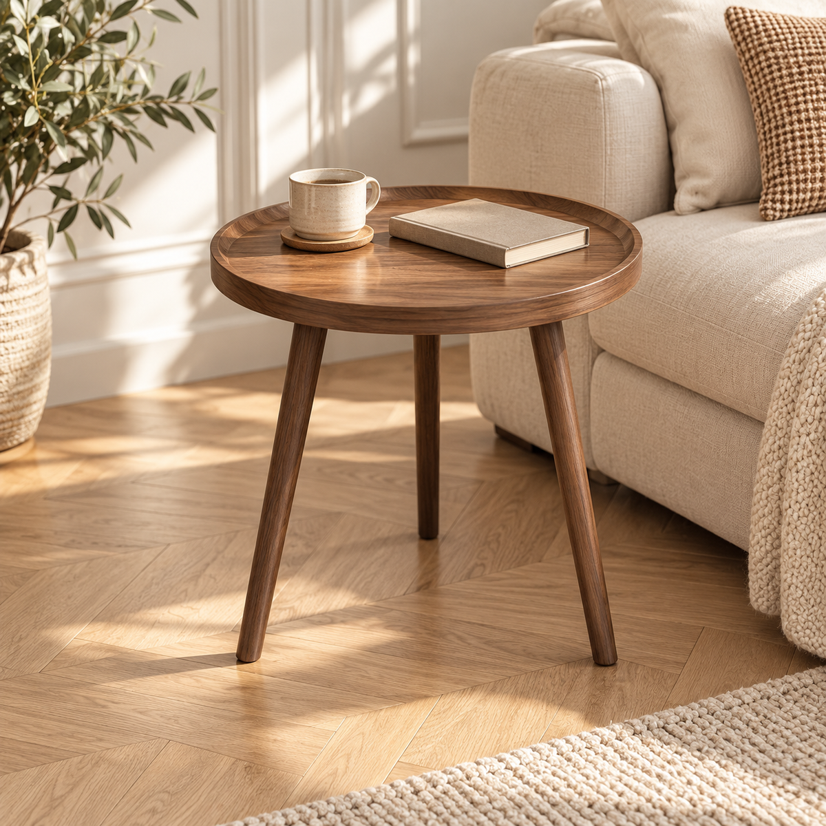 Table d’appoint ronde en bois brun avec une tasse et un livre près d’un canapé crème
