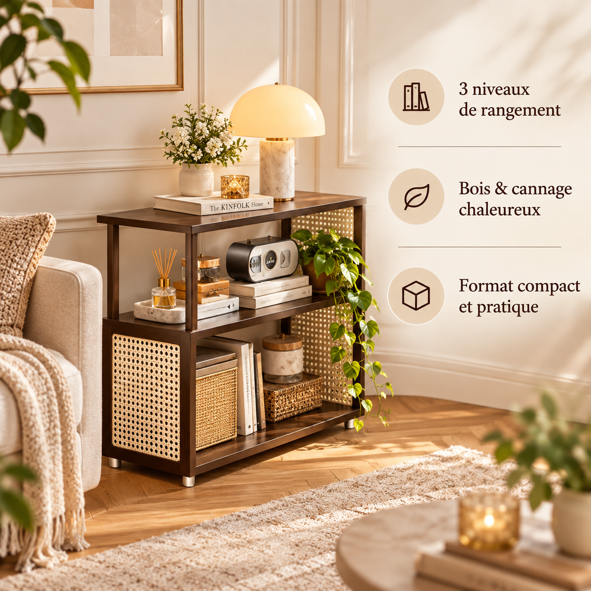 Table d’appoint en bois et cannage avec 3 niveaux de rangement au format compact