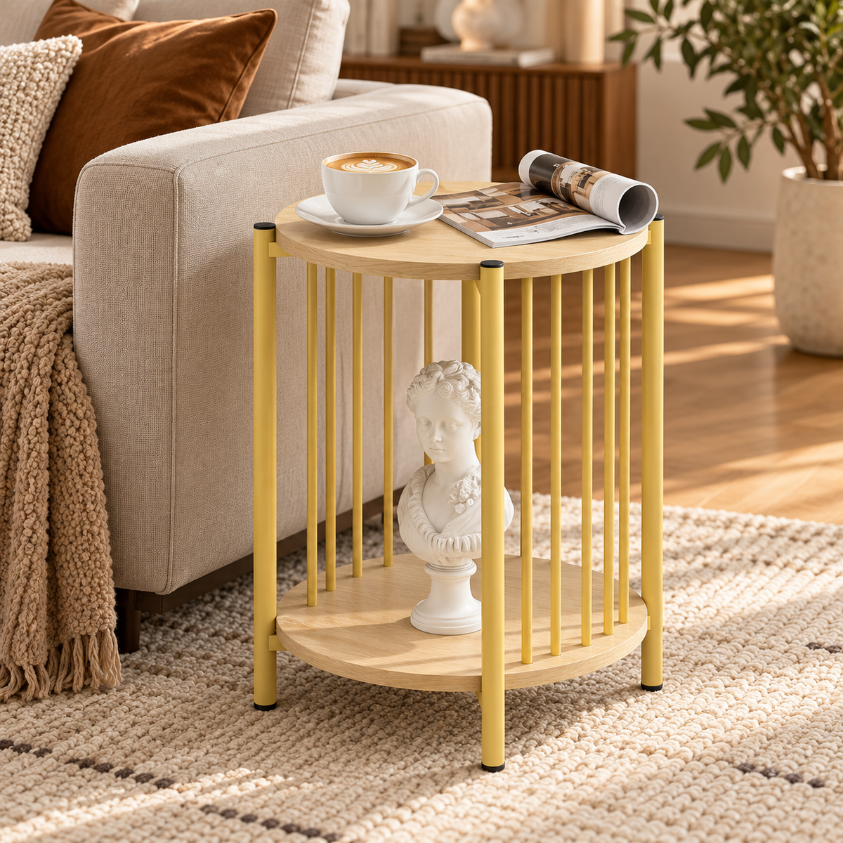 Table d'appoint en bois clair et structure jaune avec rangement dans un salon moderne