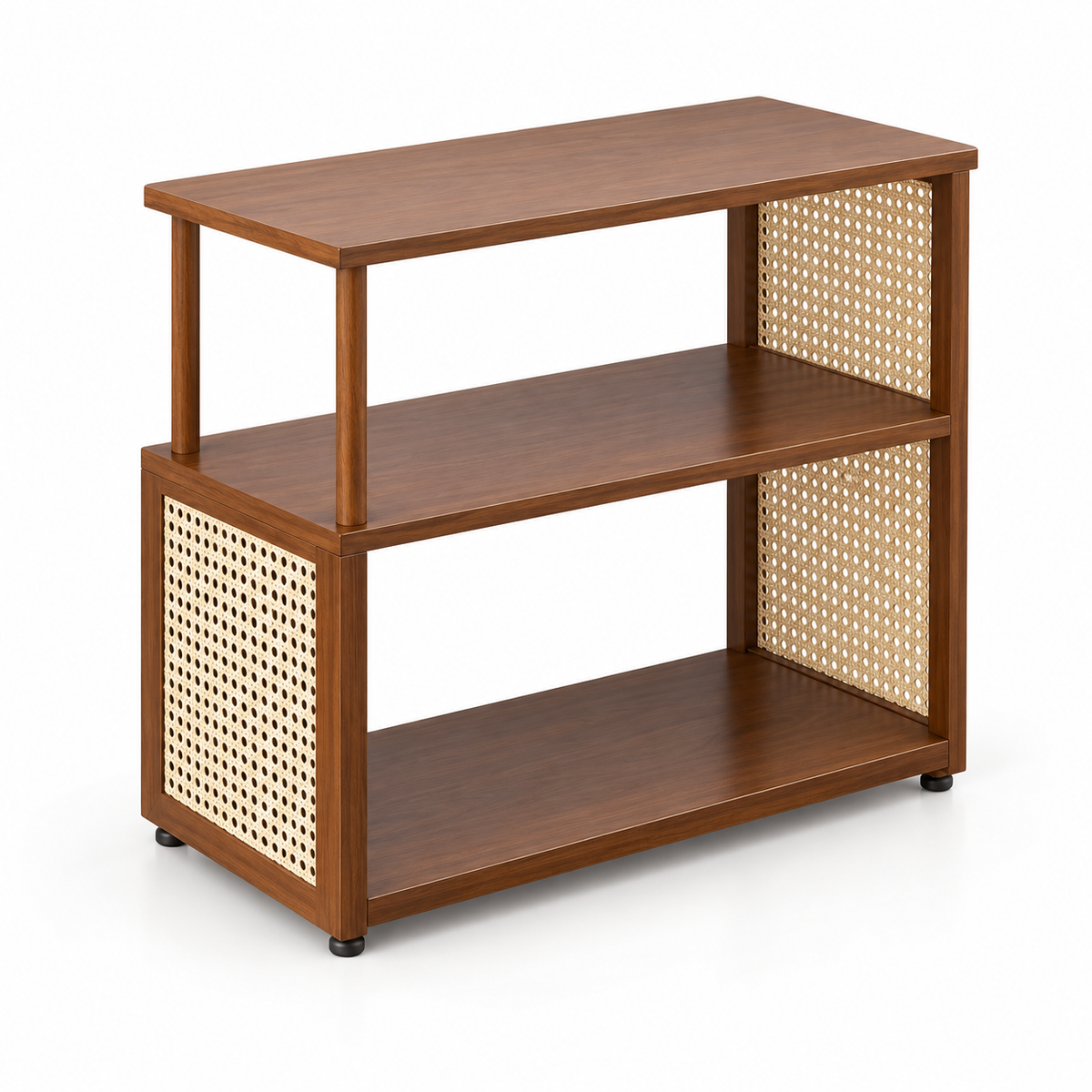 Table d’appoint en bois foncé et cannage naturel avec 3 niveaux de rangement