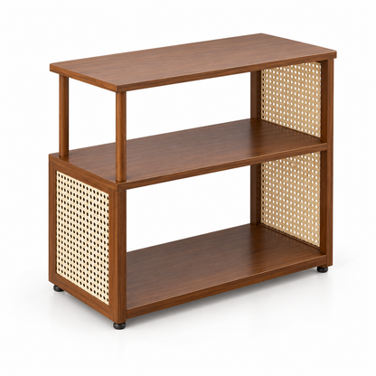 Table d’appoint en bois foncé et cannage naturel avec 3 niveaux de rangement