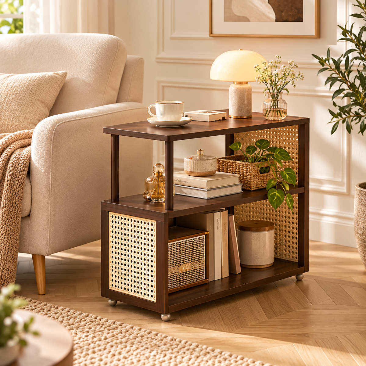 Table d’appoint en bois foncé et cannage dans un salon moderne et chaleureux