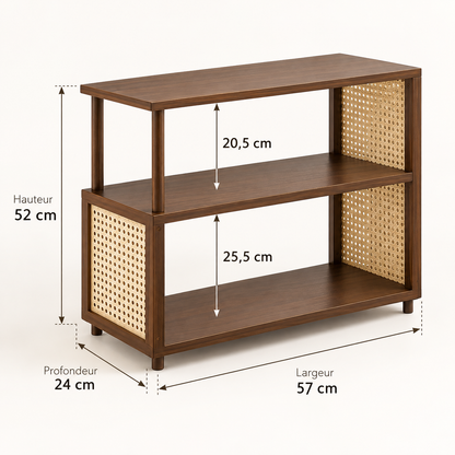 Dimensions table d’appoint en bois et cannage 57 cm de large, 24 cm de profondeur et 52 cm de hauteur