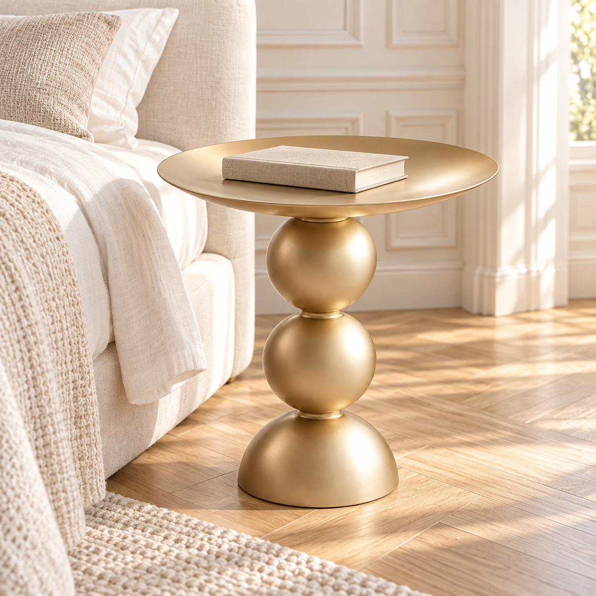 Table d’appoint dorée avec un livre près d’un lit en lin écru dans une chambre lumineuse