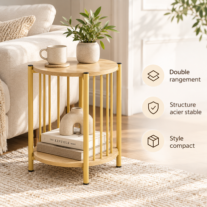 Table d'appoint ronde avec double rangement, structure en acier et format compact