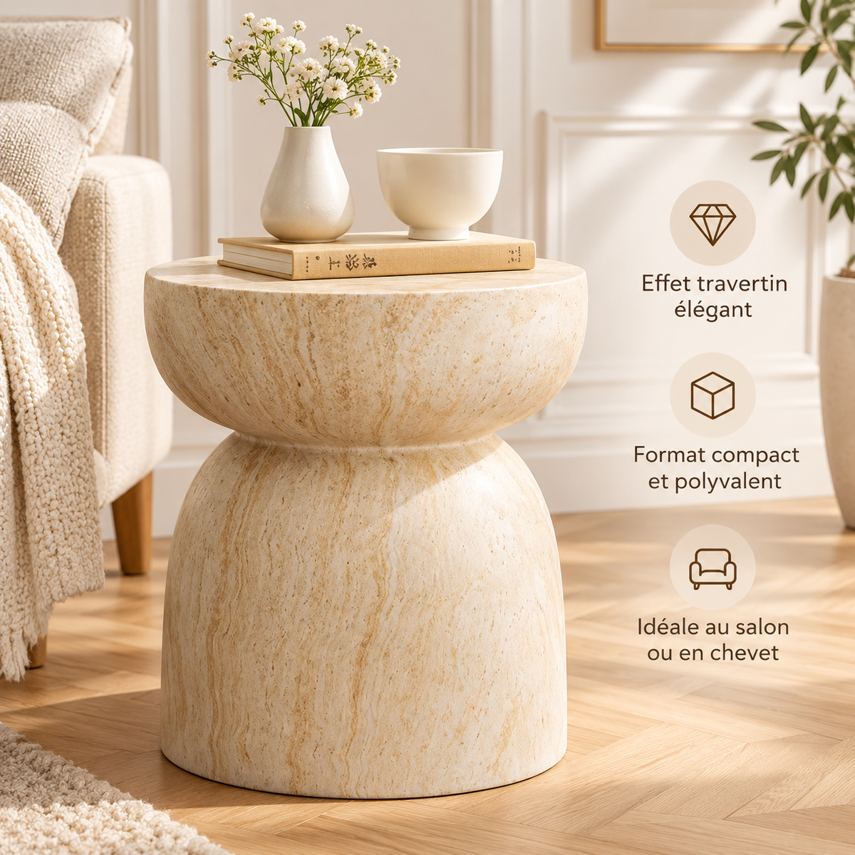 Table d’appoint effet travertin au format compact, polyvalent et élégant