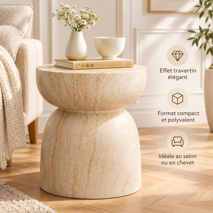 Table d’appoint effet travertin au format compact, polyvalent et élégant