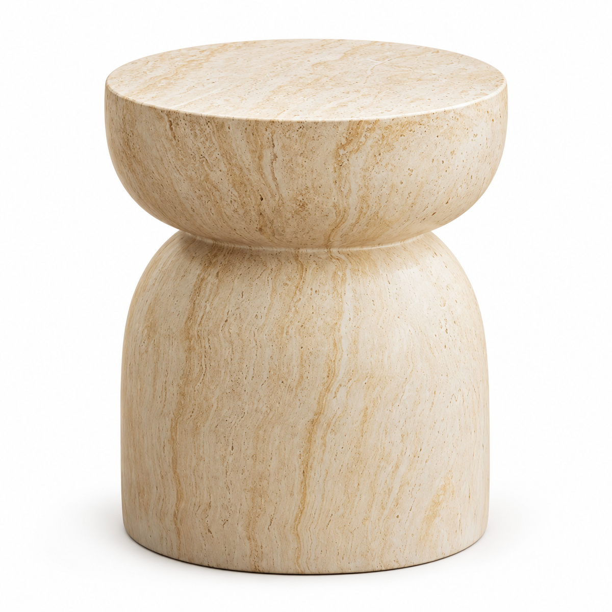 Table d’appoint effet travertin beige au design sculptural sur fond blanc