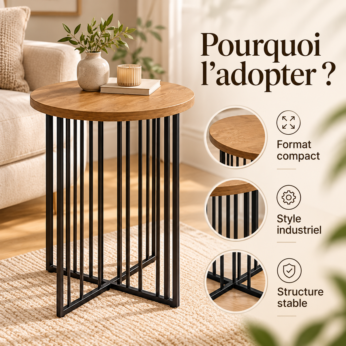 Table d’appoint industrielle compacte avec plateau rond effet bois et structure stable en métal noir