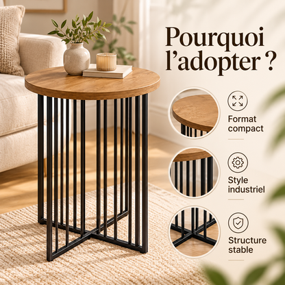 Table d’appoint industrielle compacte avec plateau rond effet bois et structure stable en métal noir