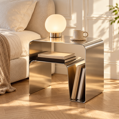 Table d’appoint argentée utilisée comme chevet près d’un lit écru, avec lampe ronde et livres
