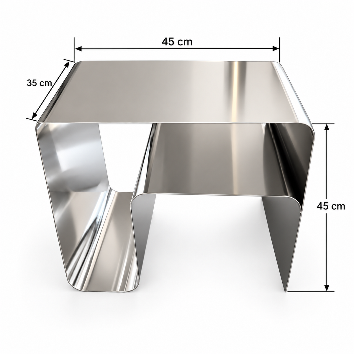 Table d’appoint en inox avec flèches indiquant une longueur de 45 cm, une largeur de 35 cm et une hauteur de 45 cm