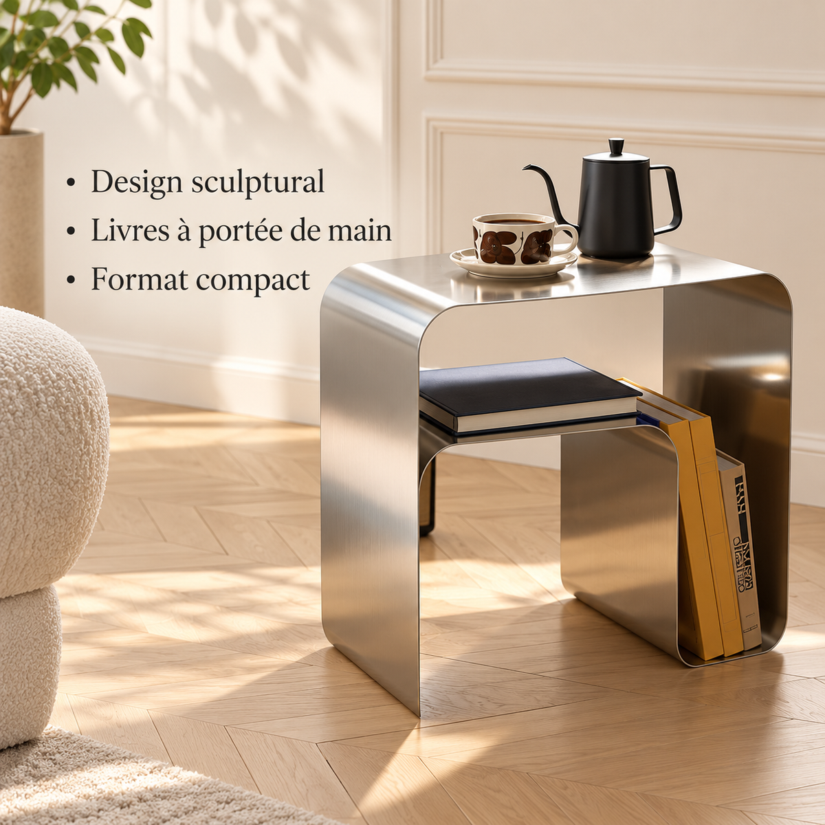 Table d’appoint en inox présentant trois avantages : design sculptural, livres à portée de main et format compact