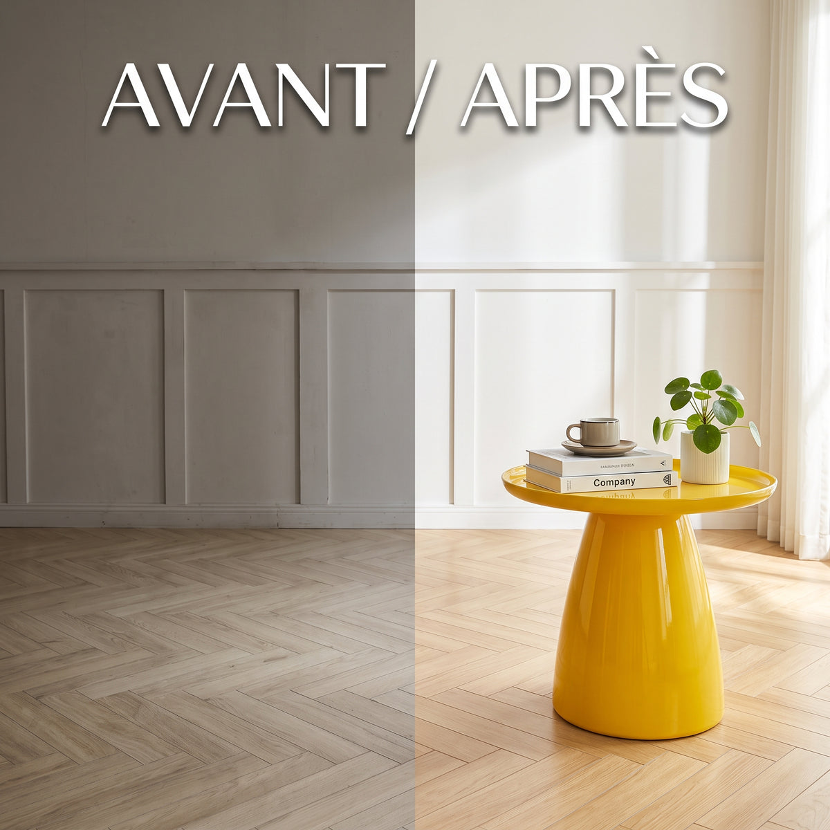 Table d’appoint jaune avant après pour aménager un coin de salon