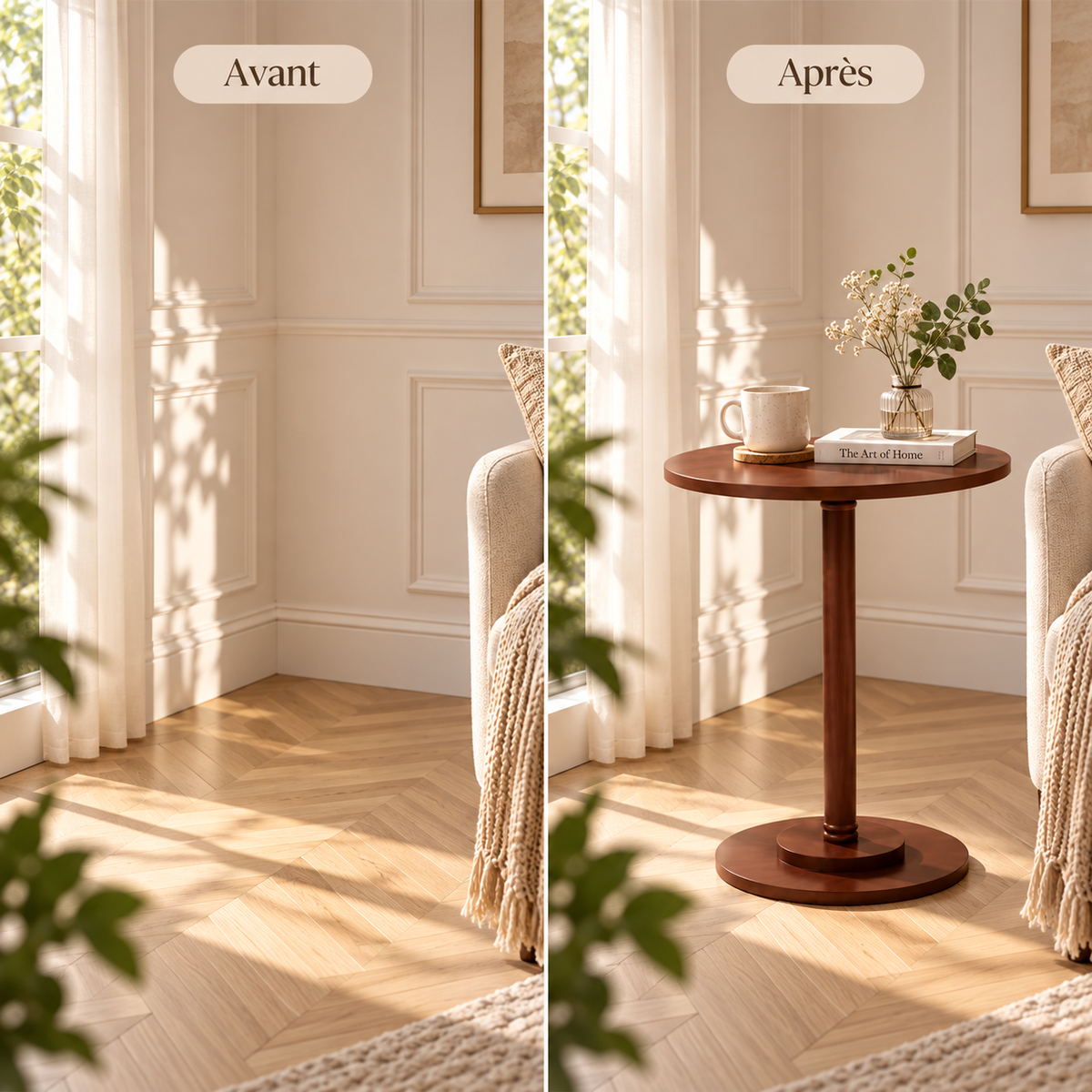 Avant après d'un coin salon aménagé avec une table d'appoint ronde marron