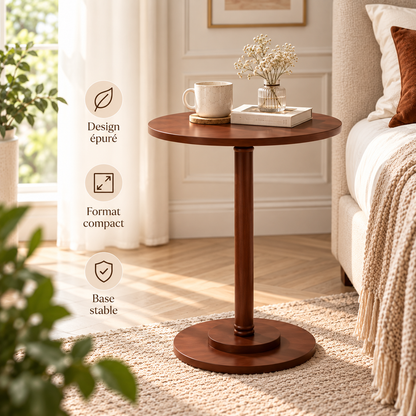 Table d'appoint ronde marron unie près d'un lit dans une chambre chaleureuse