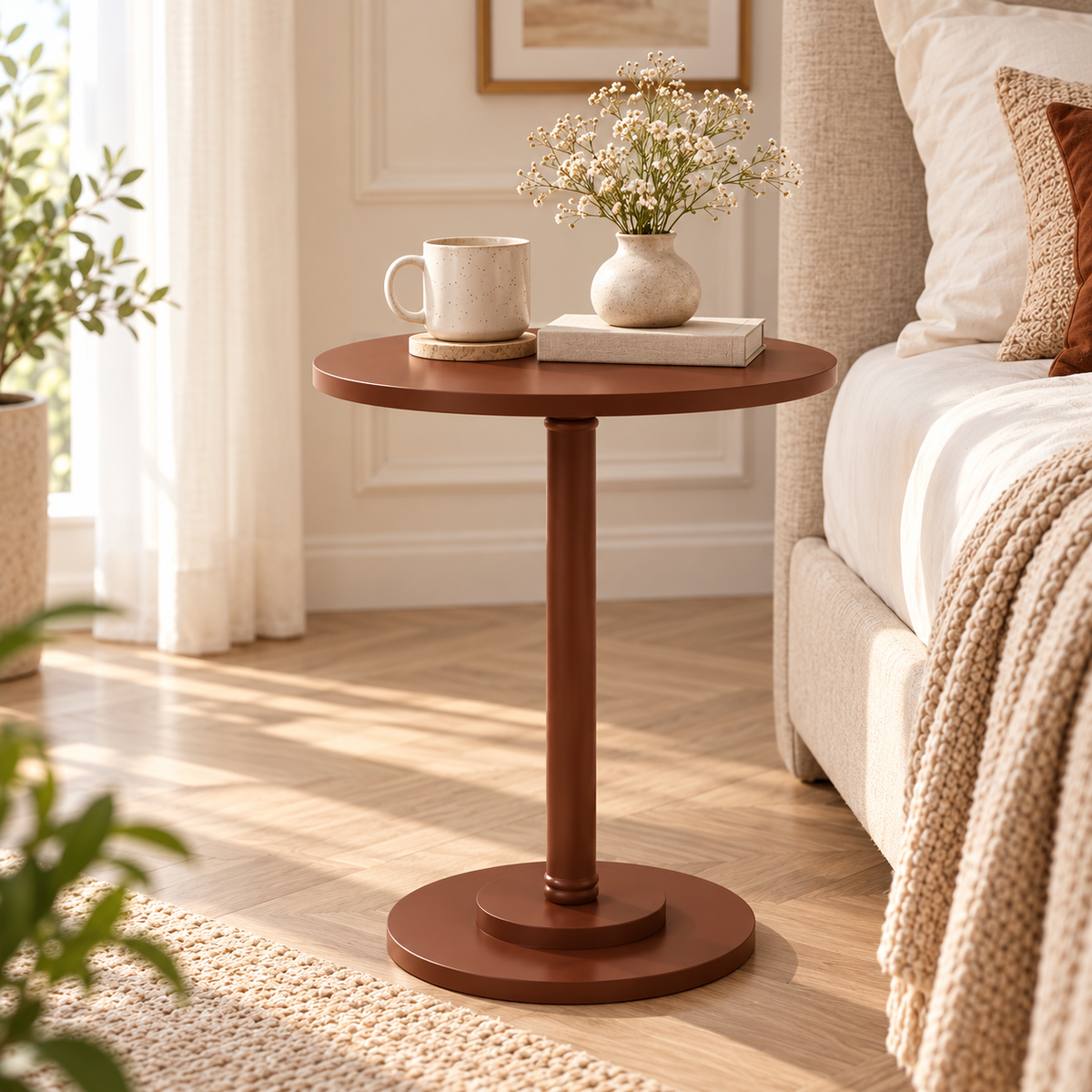 Table d'appoint ronde marron unie dans un intérieur chaleureux et élégant