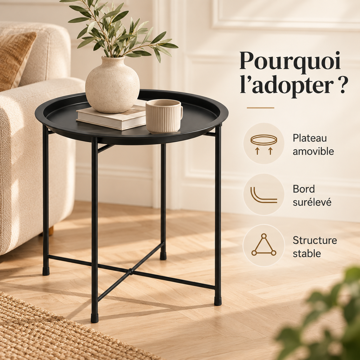 Table d’appoint en métal noir avec plateau amovible, bord surélevé et structure stable