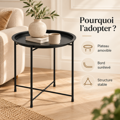 Table d’appoint en métal noir avec plateau amovible, bord surélevé et structure stable