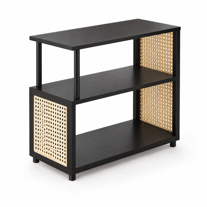 Table d’appoint noire avec panneaux en cannage naturel et 3 niveaux