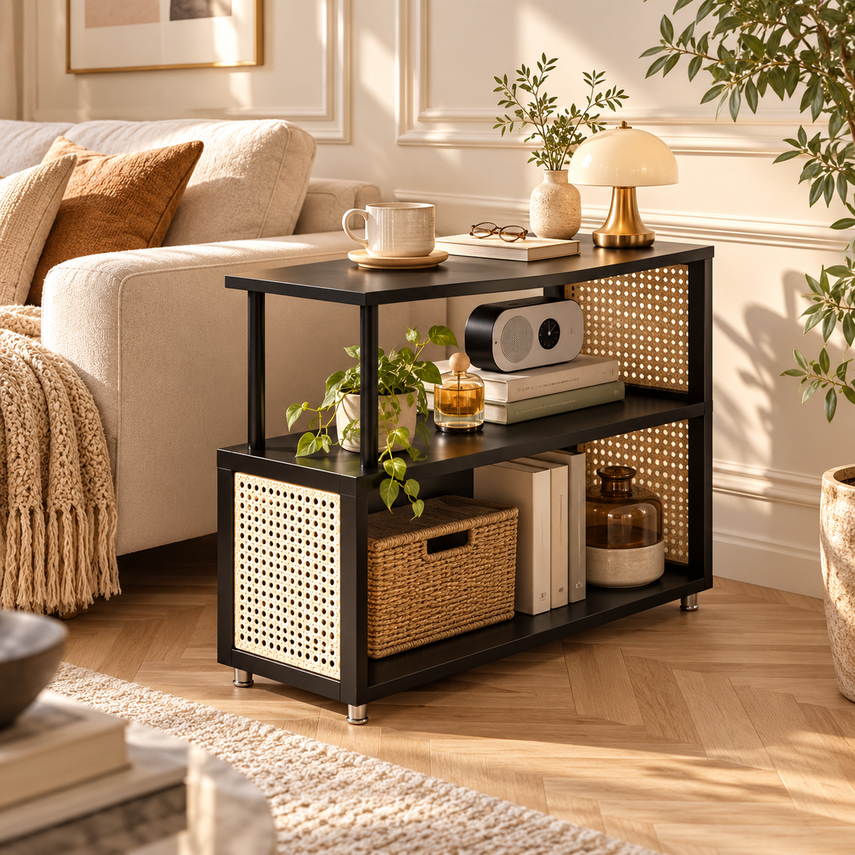 Table d’appoint noire avec cannage naturel dans un salon lumineux et élégant