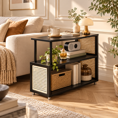 Table d’appoint noire avec cannage naturel dans un salon lumineux et élégant