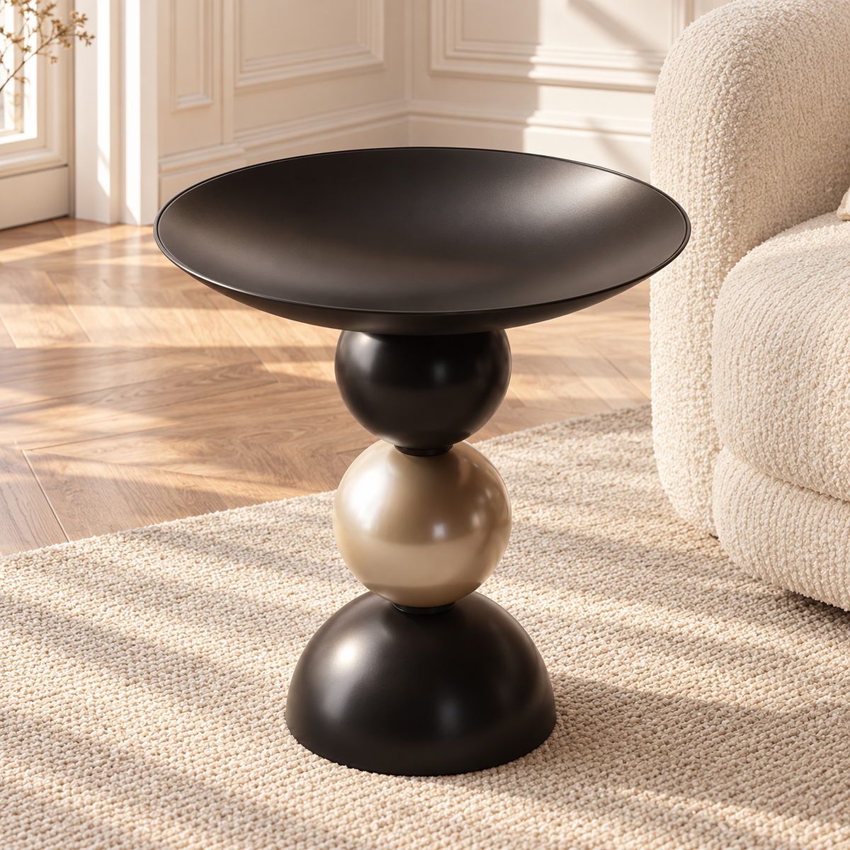 Table d’appoint à plateau creusé noir et pied noir et doré dans un salon lumineux