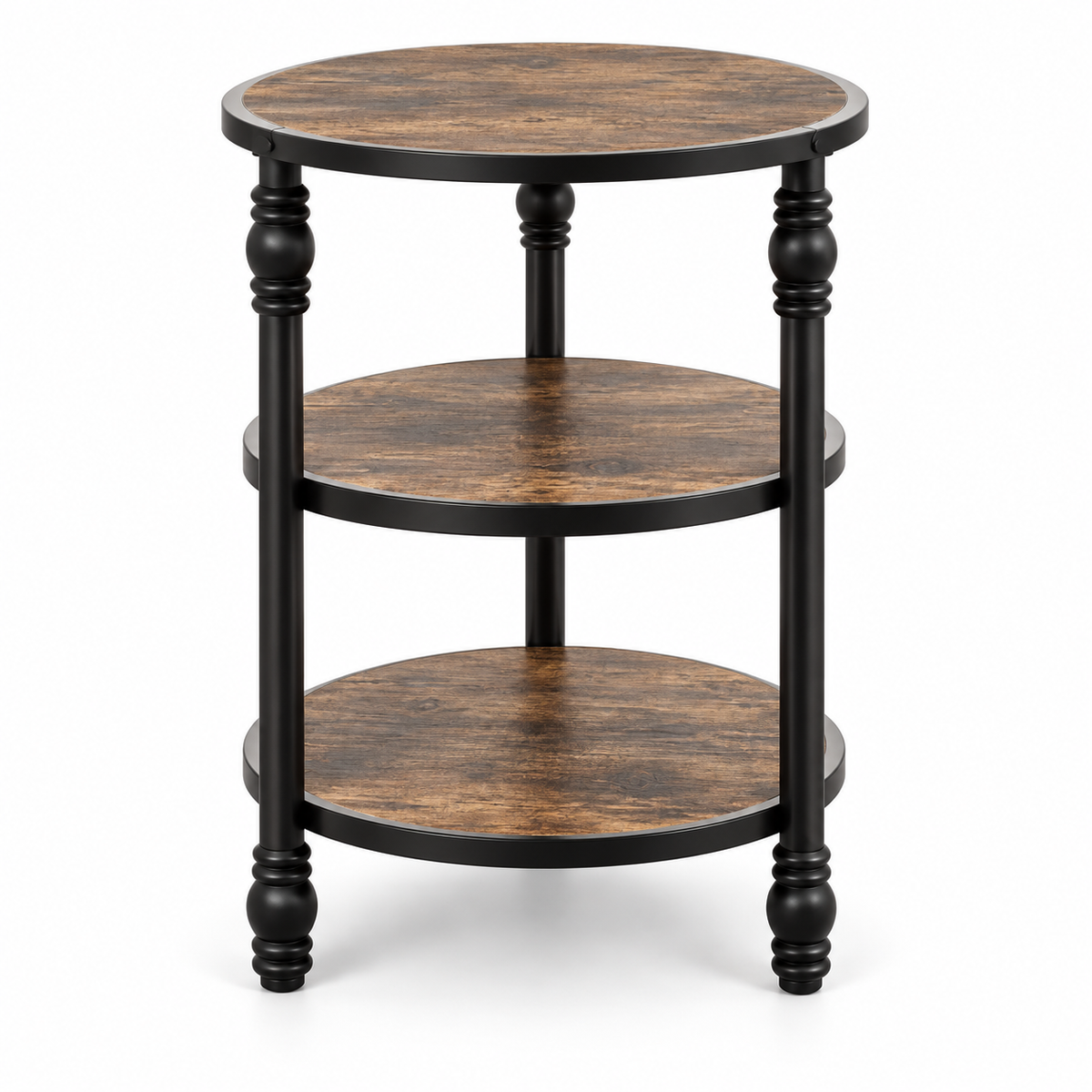 Table d’appoint ronde à 3 niveaux en bois effet noyer et structure noire