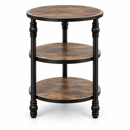 Table d’appoint ronde à 3 niveaux en bois effet noyer et structure noire