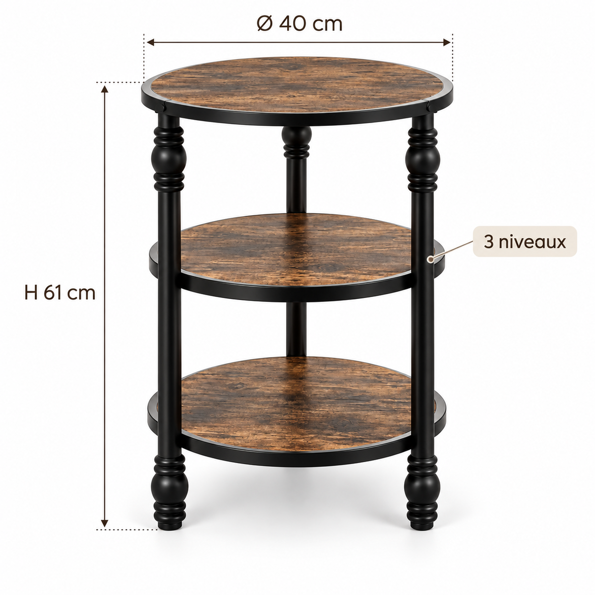 Dimensions table d’appoint ronde 3 niveaux, diamètre 40 cm et hauteur 61 cm