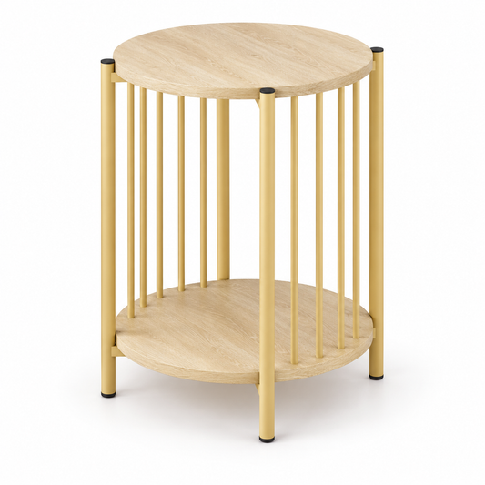 Table d'appoint ronde à deux niveaux avec plateaux aspect bois clair et structure jaune