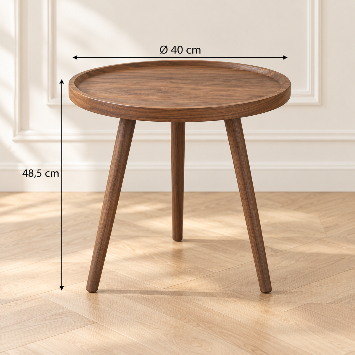 Table d’appoint ronde en bois brun avec un diamètre de 40 cm et une hauteur de 48,5 cm