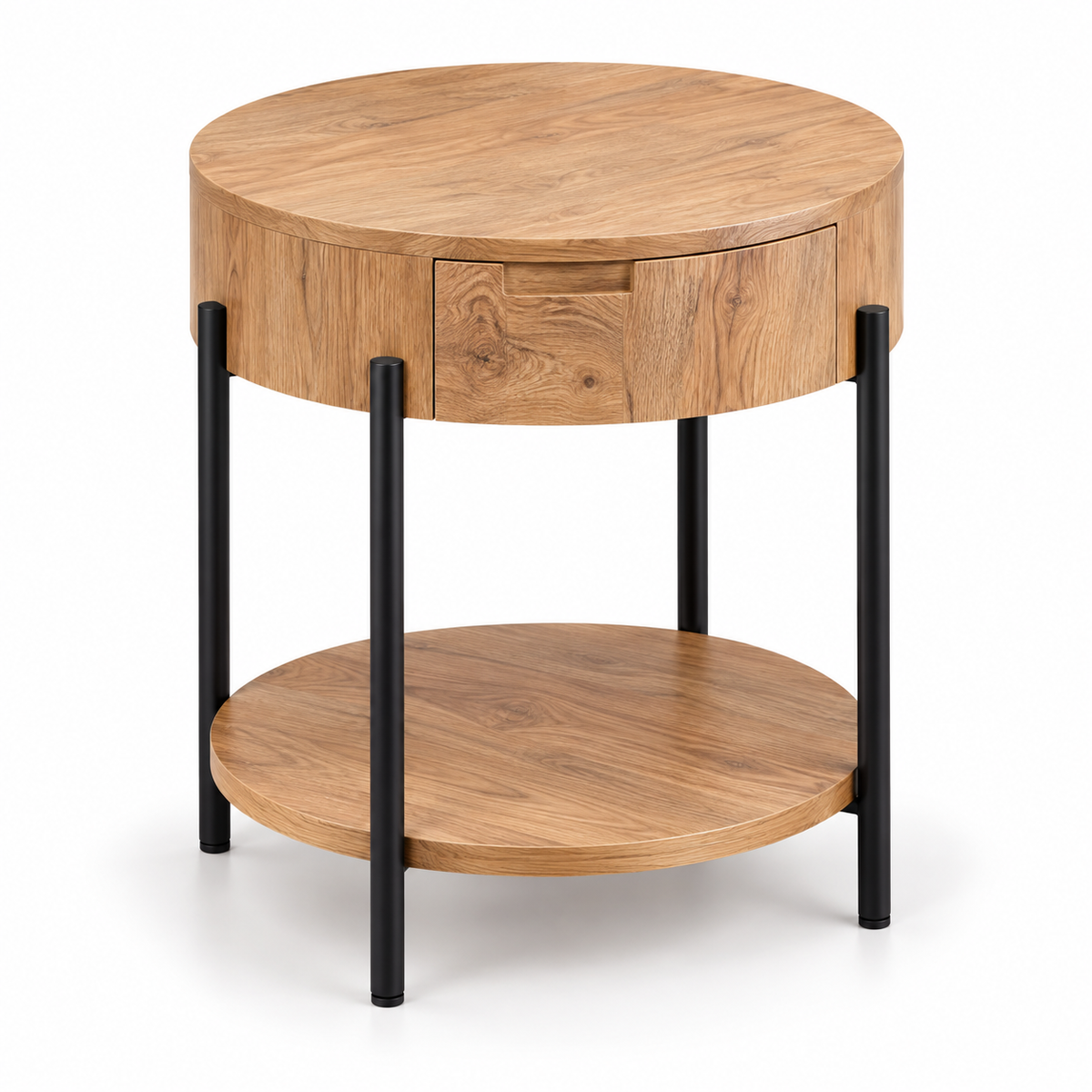 Table d’appoint ronde en bois naturel avec rangement et pieds en métal noir