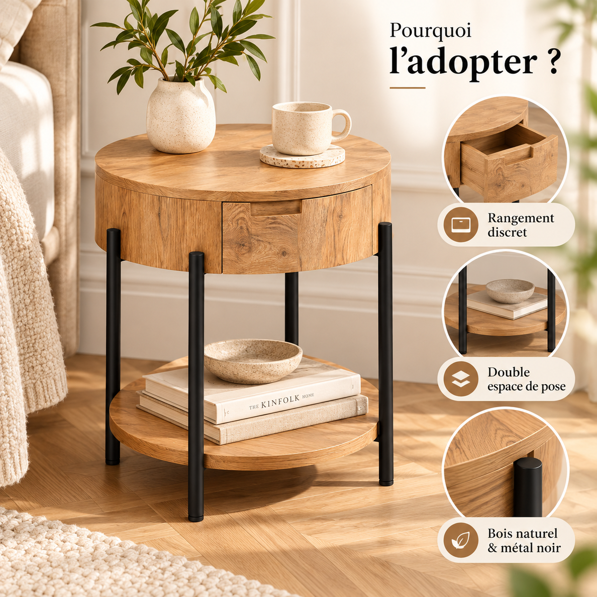 Table d’appoint ronde avec rangement discret, étagère basse et pieds noirs