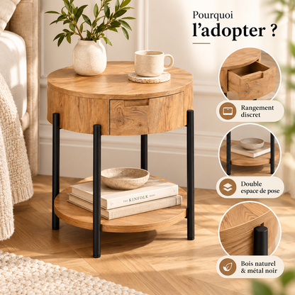 Table d’appoint ronde avec rangement discret, étagère basse et pieds noirs