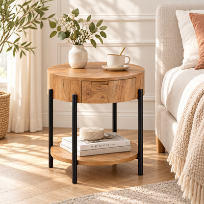 Table d’appoint ronde en bois avec tiroir de rangement et étagère inférieure