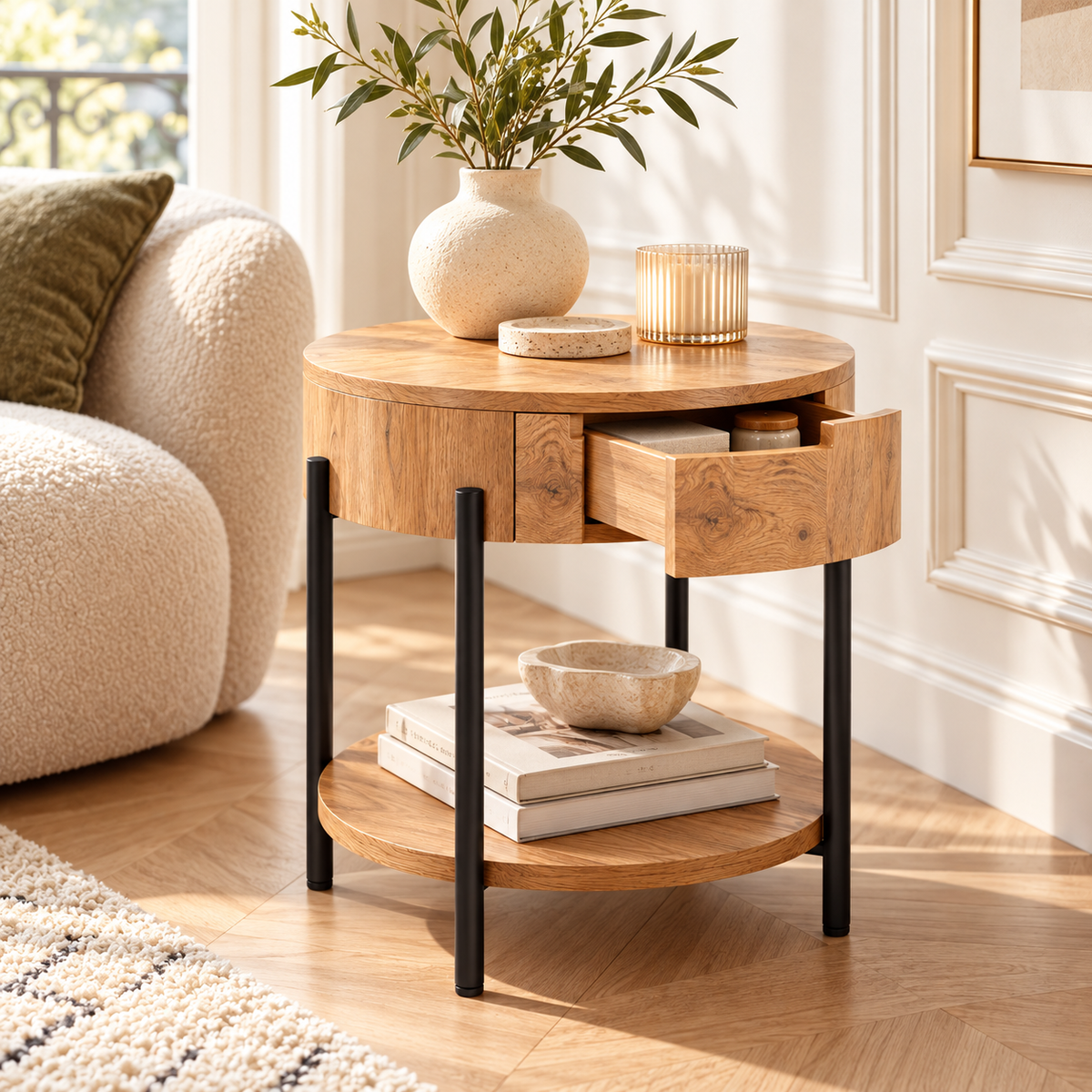 Table d’appoint ronde en bois dans un salon moderne et chaleureux