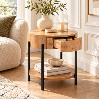 Table d’appoint ronde en bois dans un salon moderne et chaleureux