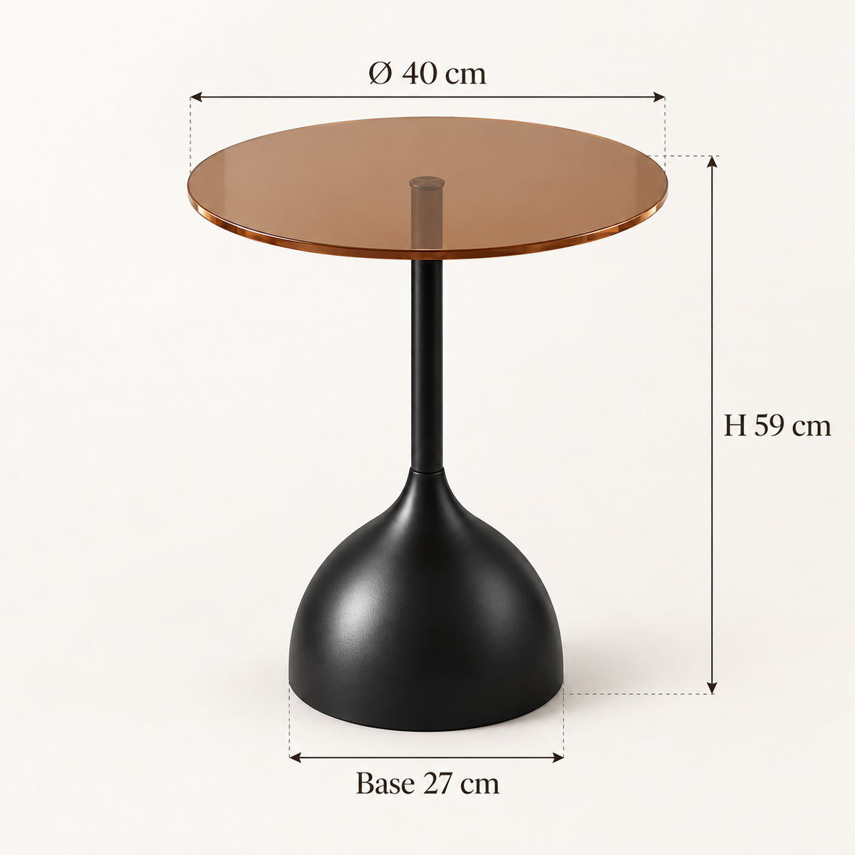 Dimensions table d’appoint ronde : diamètre 40 cm, hauteur 59 cm et base 27 cm