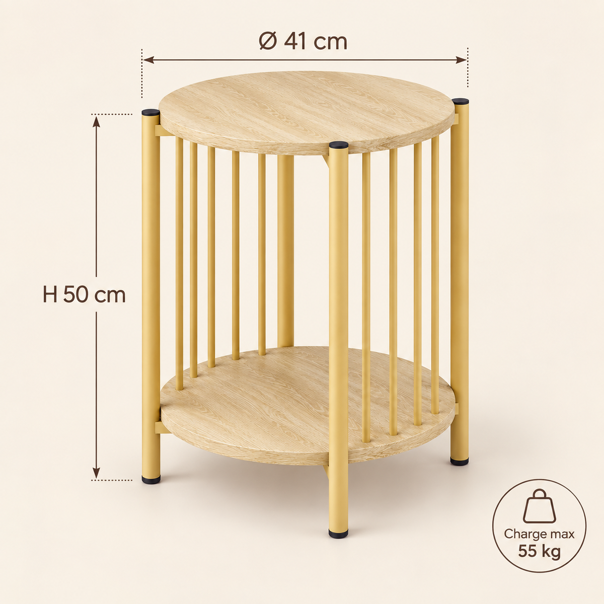Dimensions de la table d'appoint ronde : 41 cm de diamètre et 50 cm de hauteur