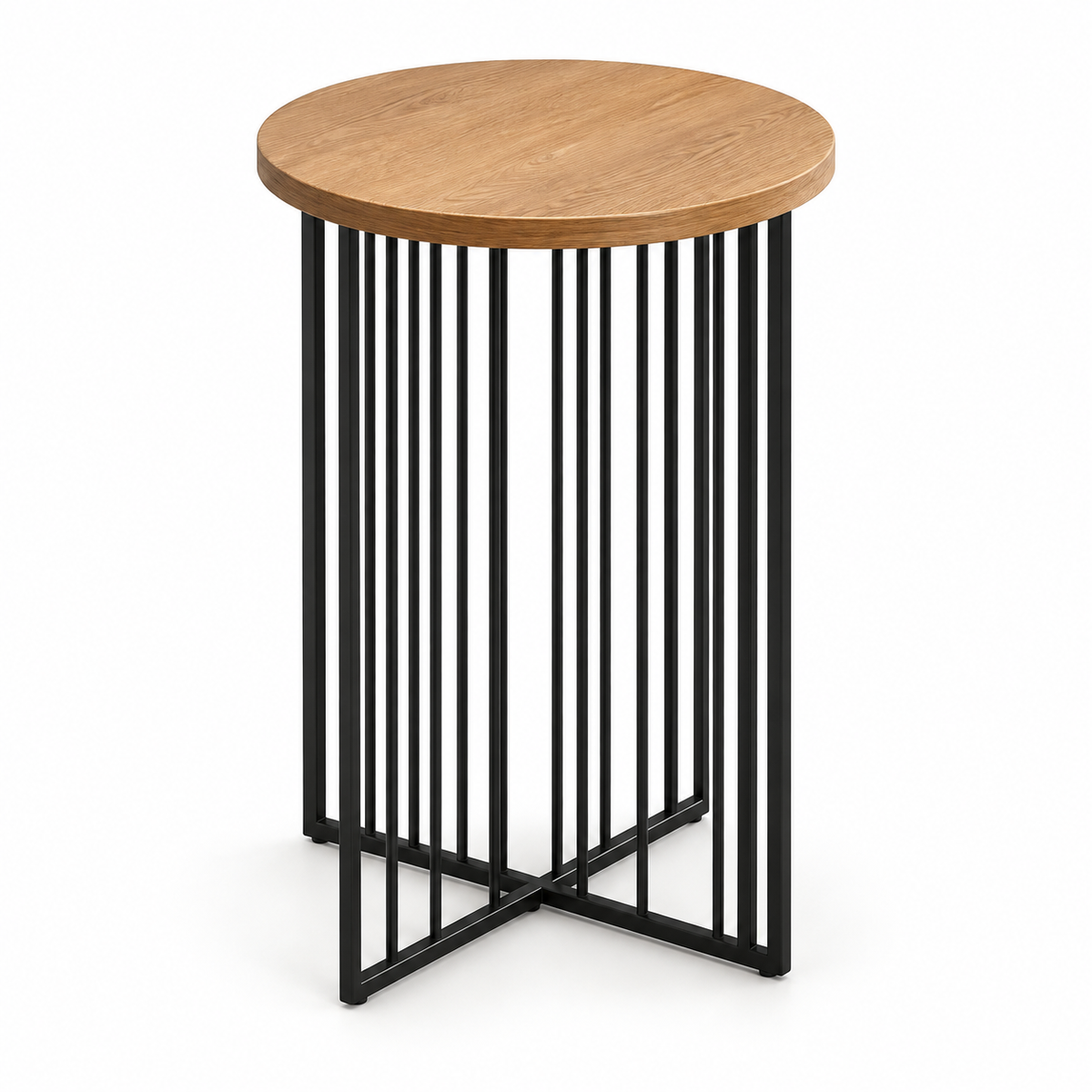 Table d’appoint ronde industrielle avec plateau effet bois et structure en métal noir

Mise en situation chambre