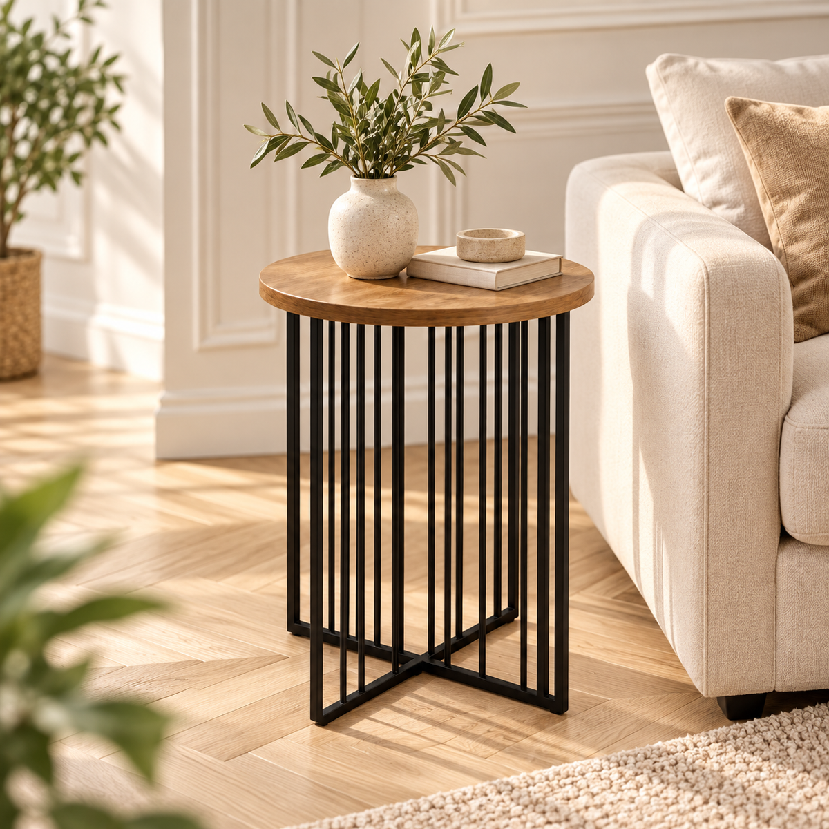 Table d’appoint ronde industrielle avec plateau bois et structure noire dans un salon moderne