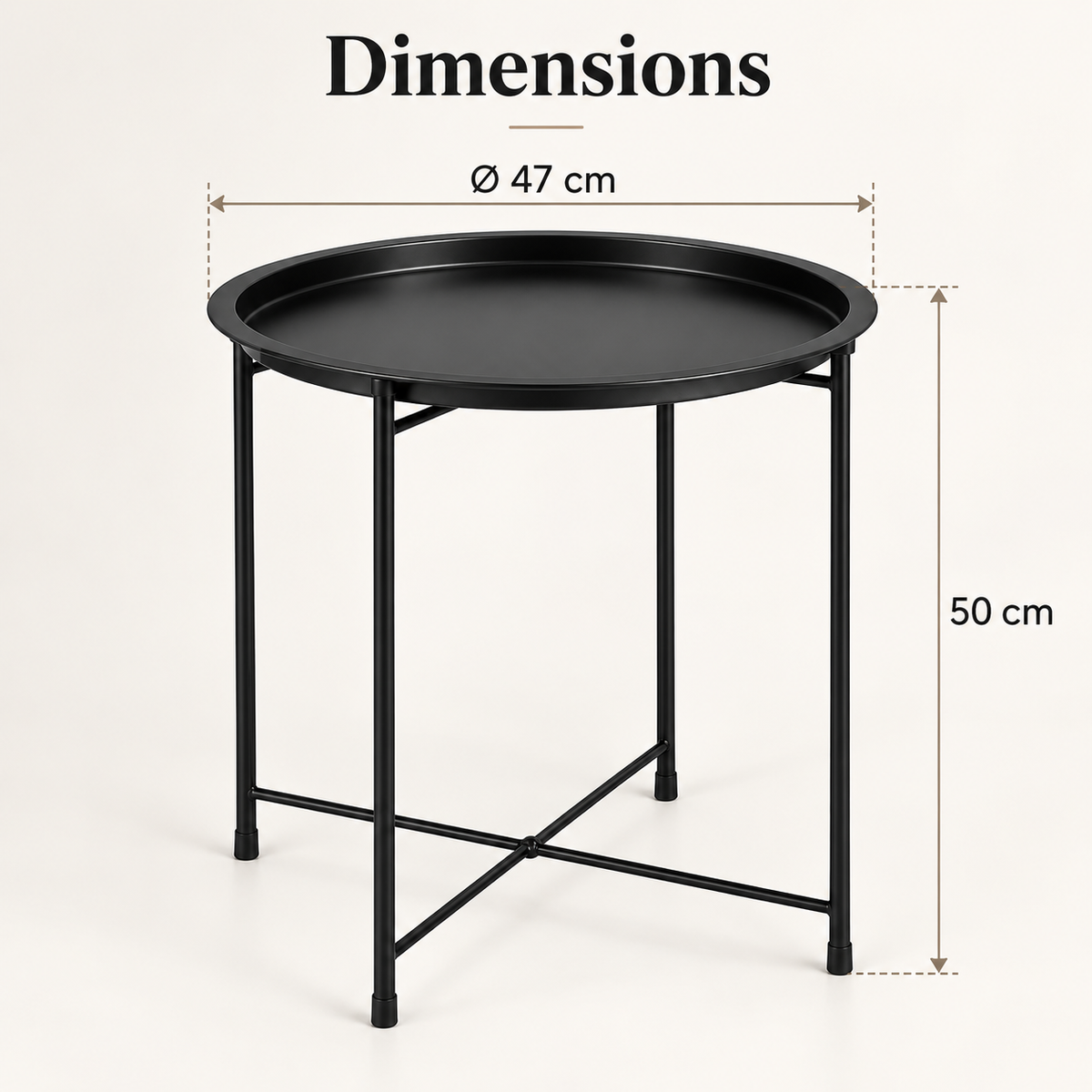 Dimensions table d’appoint ronde noire 47 cm de diamètre et 50 cm de hauteur