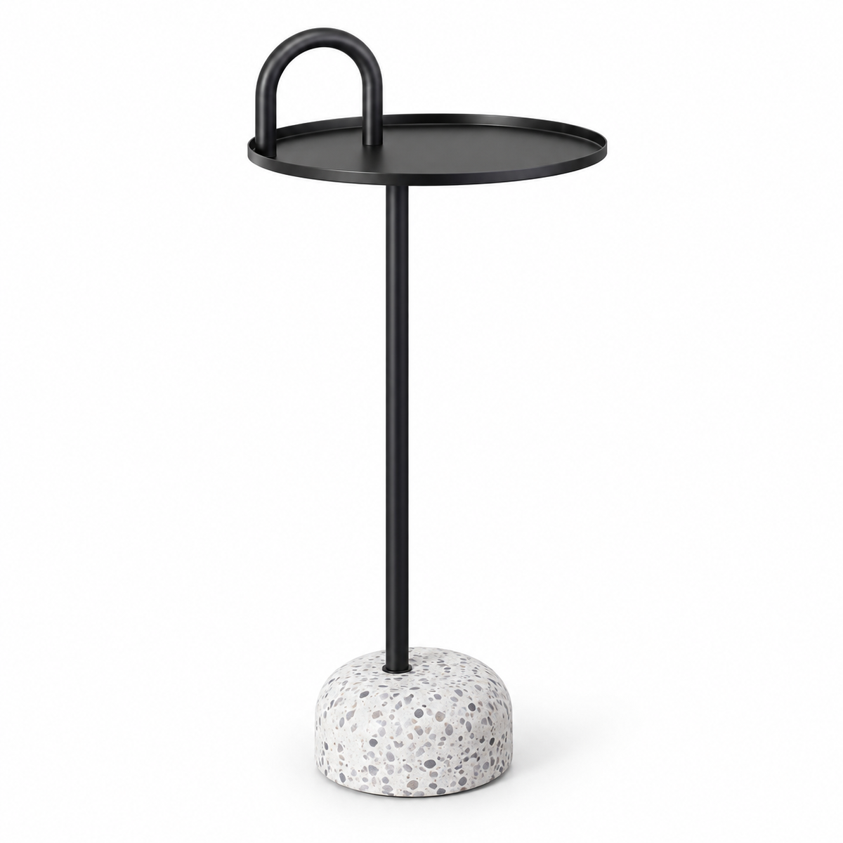 Table d’appoint ronde noire avec poignée arrondie et base blanche mouchetée sur fond blanc