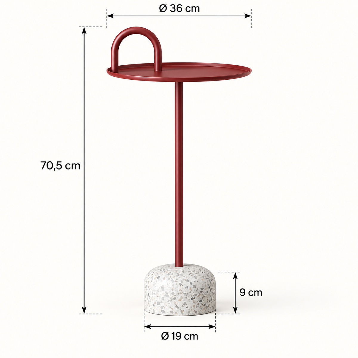 Table d’appoint avec flèches indiquant un plateau de 36 cm de diamètre, une hauteur totale de 70,5 cm et une base de 19 cm de diamètre sur 9 cm de haut