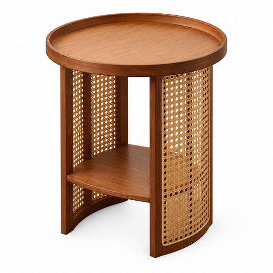 Table d’appoint ronde en bois foncé et cannage rotin diamètre 45 cm